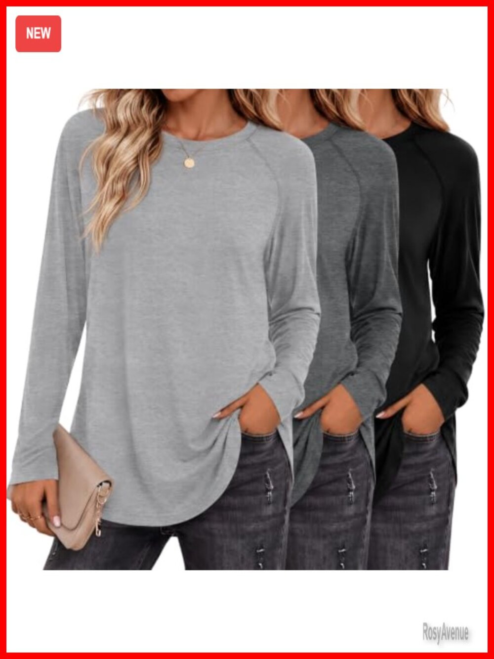Womens Raglan Long Sleeve Tunic Tops Crew Neck Shirt 3 Pack